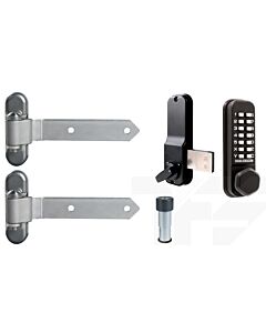 Product collage featuring a mechanical code lock, stainless steel gate hinges, and Locinox gate stop