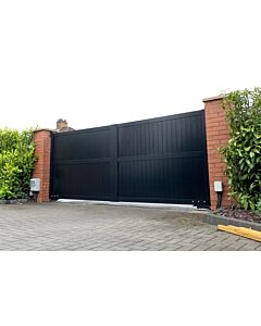 The The Emerald - Aluminium Driveway Gate in Black with wooden fence